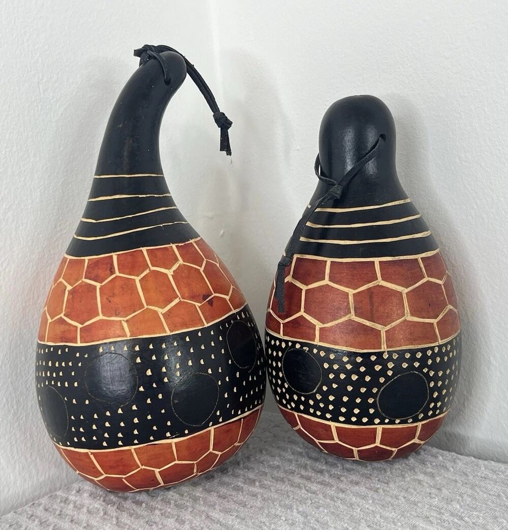 Handmade Kenya Gourd Decor Set African Art Painted Calabash Pair Leather Hangin